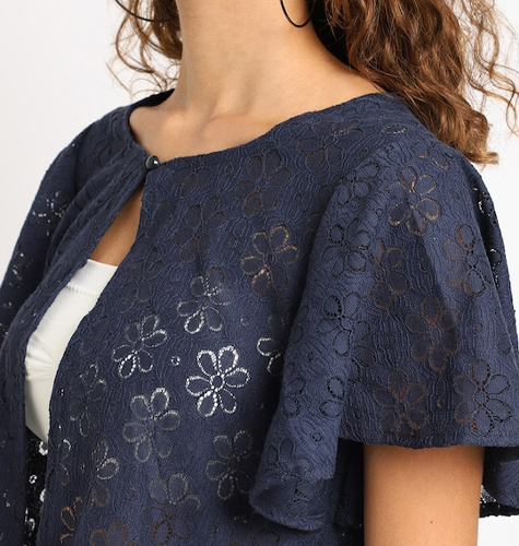 Women Blue Self Design Cotton Button Shrug